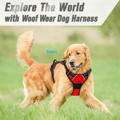 Dog wearing a red and black harness with grass and sky in the background, promoting Woof Wear dog harness.